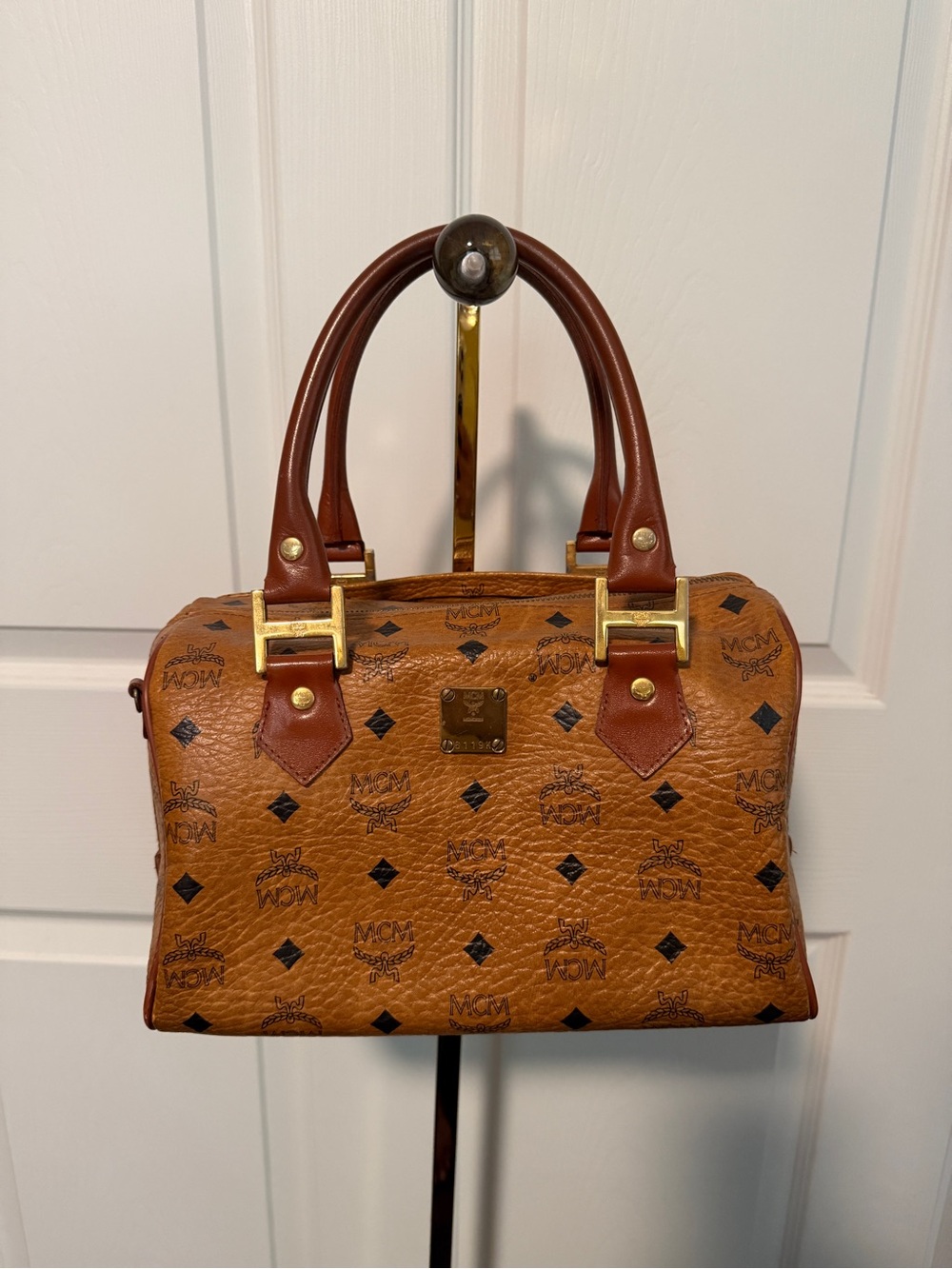 MCM Cognac Visetos Satchel with Brown Leather Handles
